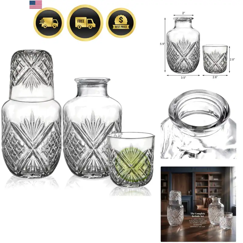 4 Stück Nachttisch Wasserkaraffe und Glas Set für Schlafzimmer Nachttisch, 18