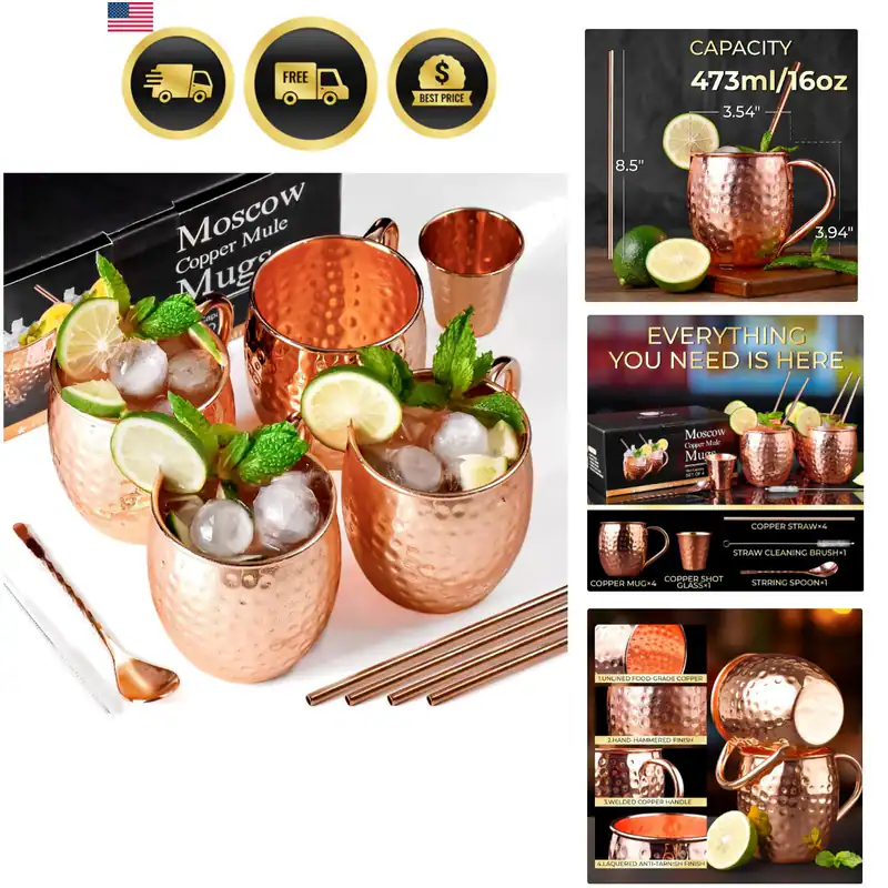 Moscow Mule Becher, 4er Set 16oz Kupferbecher, Handarbeit traditionelles