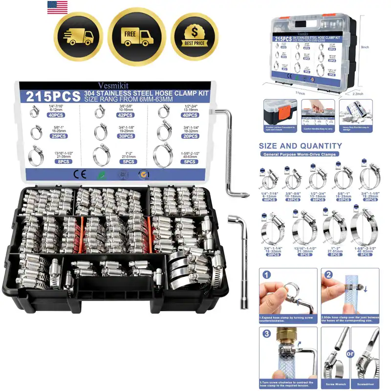 Schlauchschellen Sortiment - 215-tlg Edelstahl Schlauchschellen Set 1/4" -