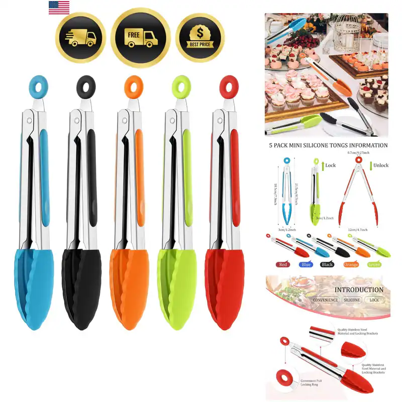 5er Pack Mini Kleine Zange mit Silikonspitzen, 7 Zoll | Küche Servierzange