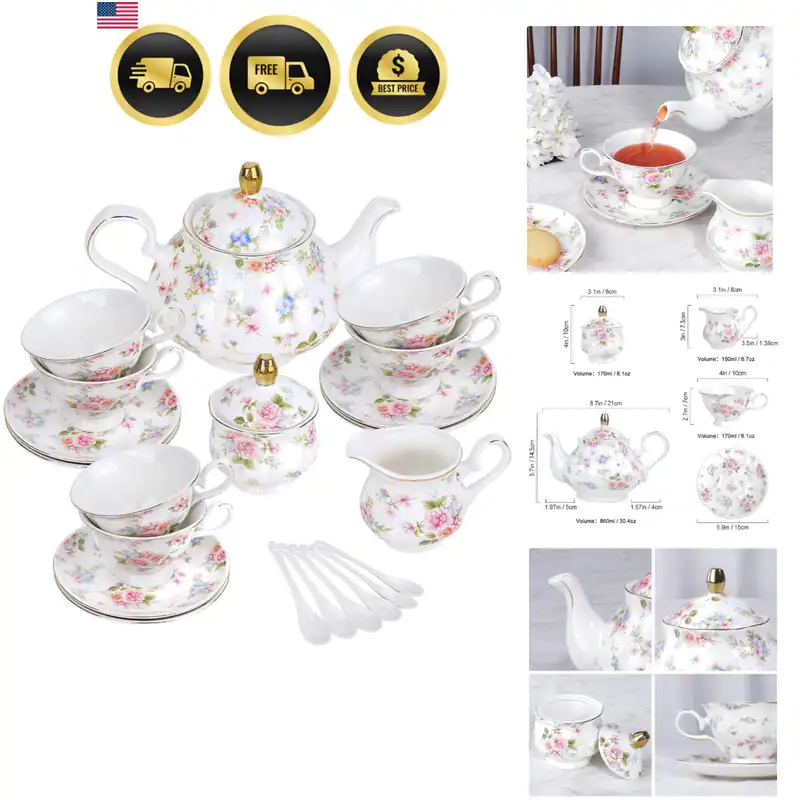 21 Teile Rosa Blau Blumen Porzellan Teeservice mit Goldrand, British Style Co...