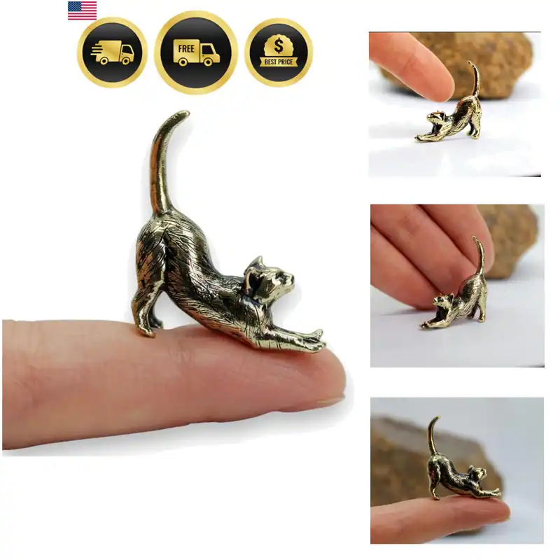 Stretching Cat Figur handgegossen in Messing kleines Kätzchen Miniatur