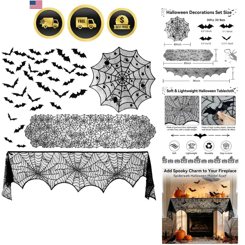 39 Teile Halloween Deko Set Schwarz Spitze Spinnennetz Tischdecke