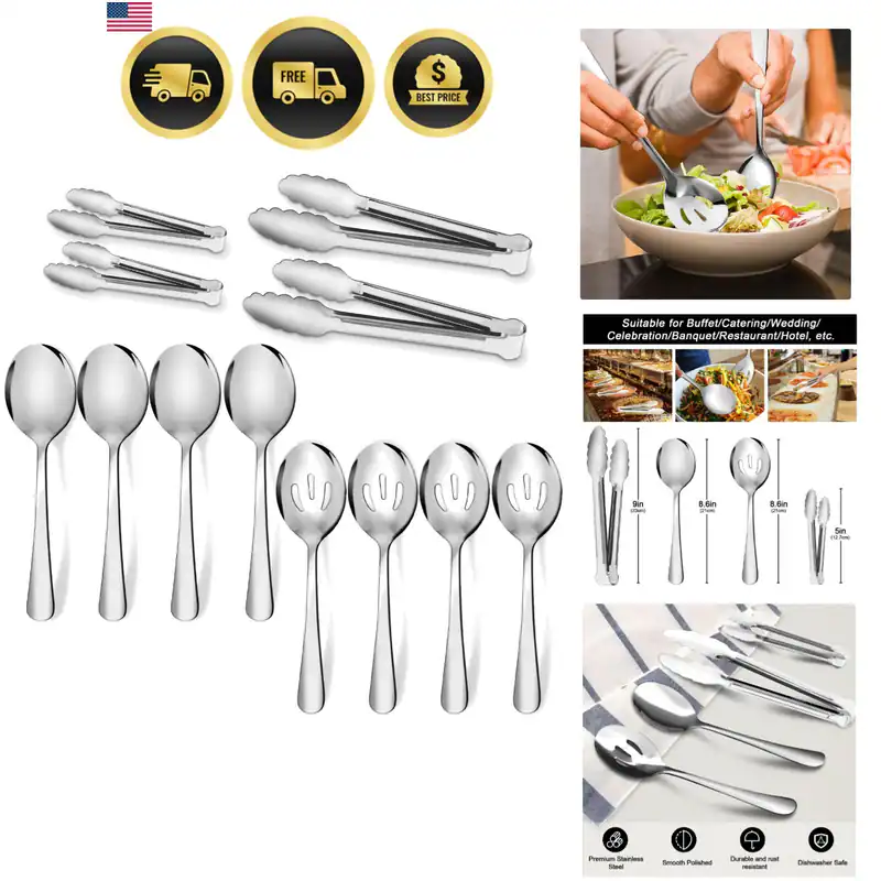 12 Stück Edelstahl Servierutensilien Sets - Große Servierlöffel, Geschlitzte