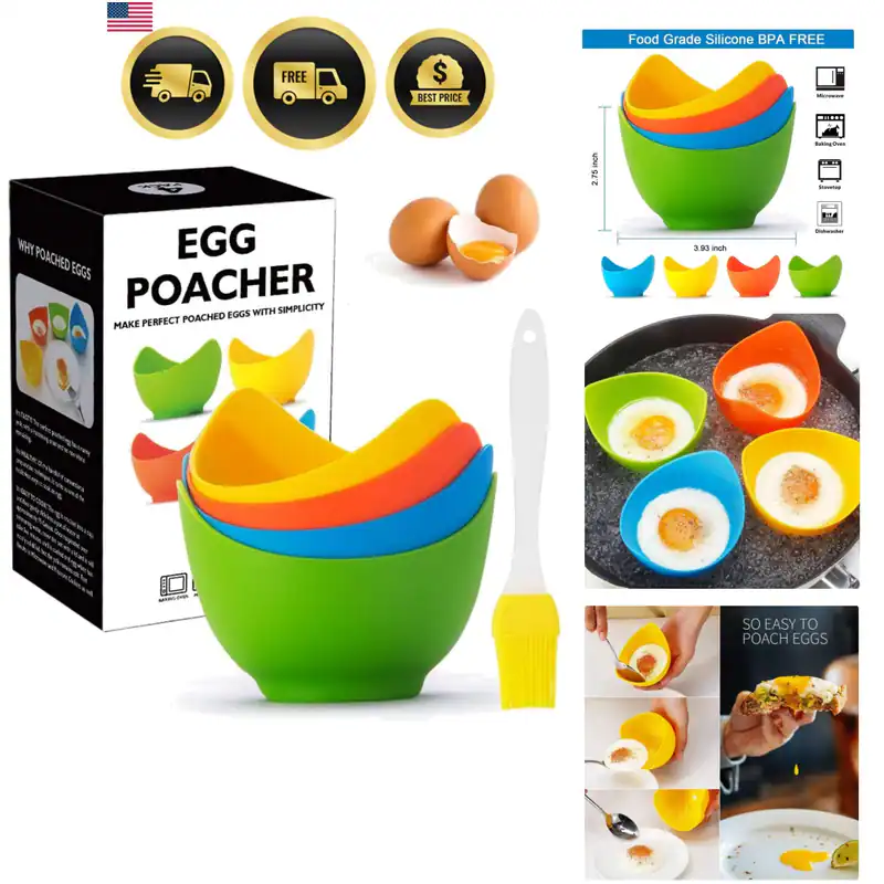 4er Pack Silikon Eierpochierer Becher mit Ölpinsel, Geschenkbox