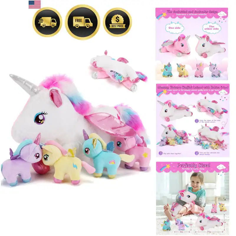 5 Stück Einhorn Stofftiere - 1 Mama Stofftier Einhorn mit 4 Babys - Un...