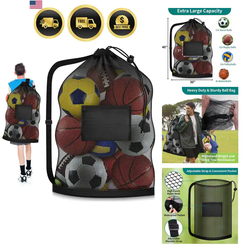Extra große Fußballtasche, 40" x 30" Kordelzug Netz Balltasche mit Tasche, ...
