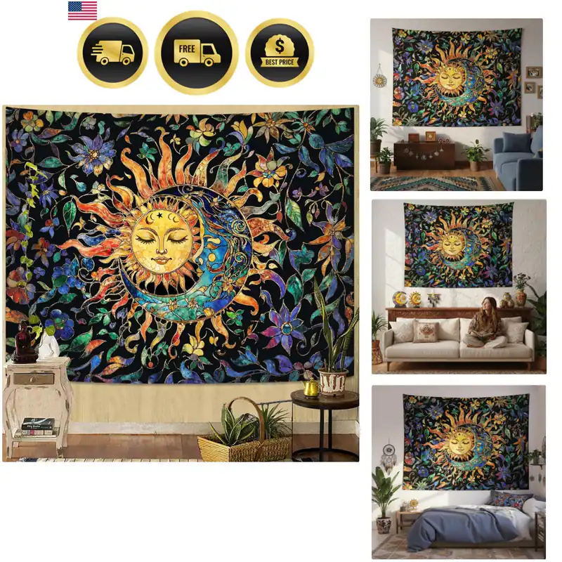 Sonne und Mond Wandteppich für Schlafzimmer Boho Hippie Blumen Wandteppich