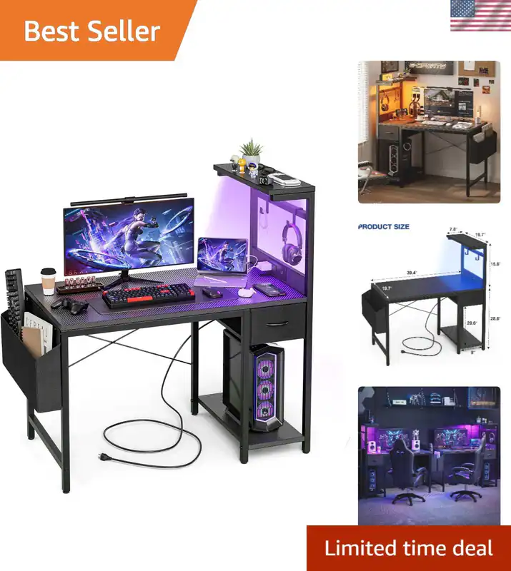 Gaming Schreibtisch 40 Zoll Computertisch mit Steckdose LED Licht Modern Schwarz