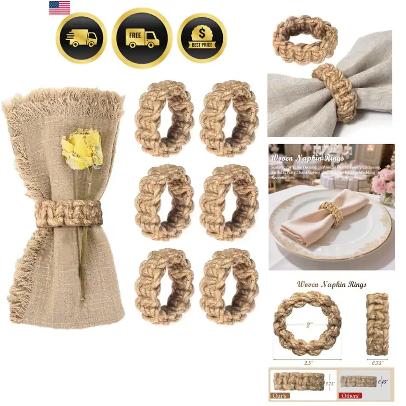 Boho Serviettenringe 6er Set, Handgewebte Natur Jute Serviettenringe, Boho