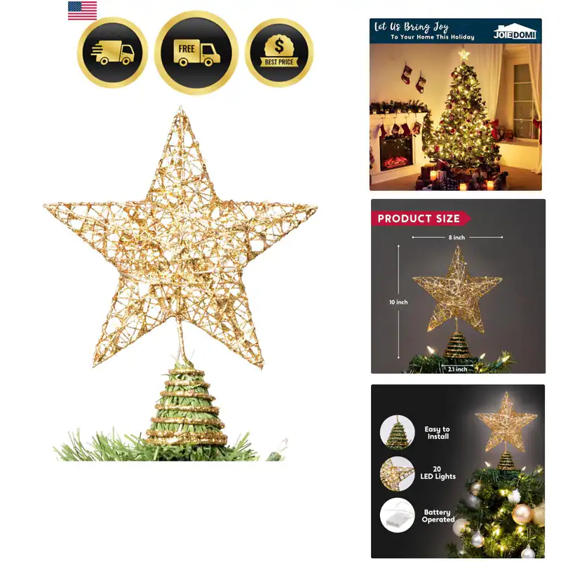 8 Zoll Weihnachten Gold Glitzer Stern Baumspitze Metall beleuchtet mit 20 LED