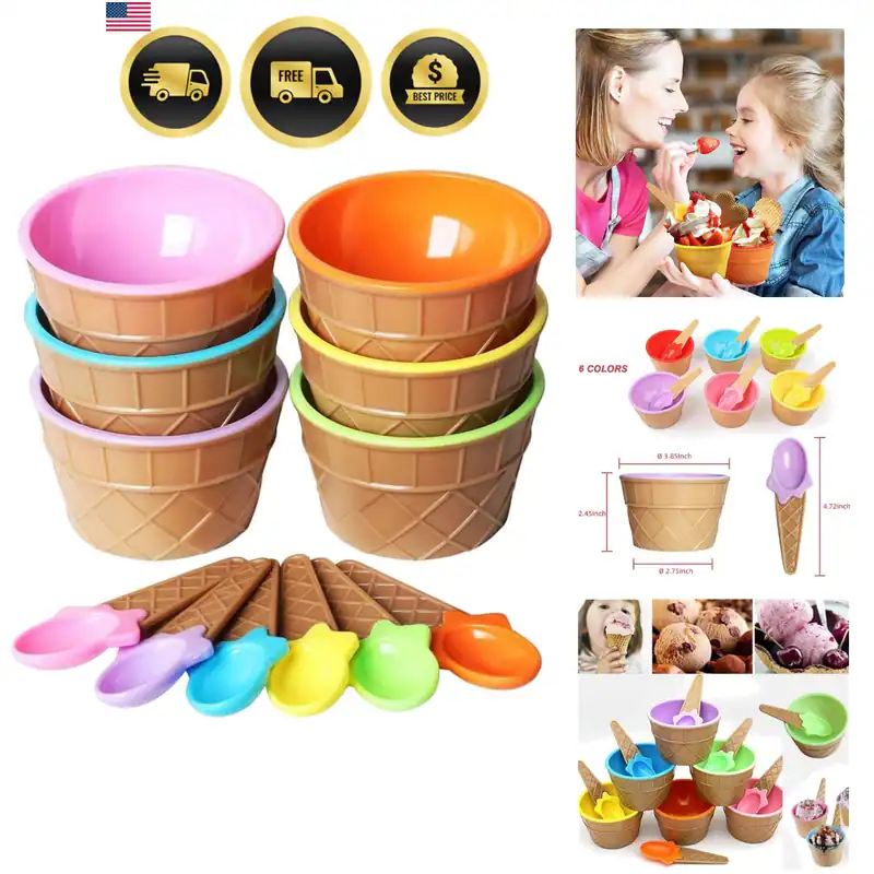 Eisbecher 6 Stück Kunststoff Cartoon Eisbecher und Löffel Set - Reusab...