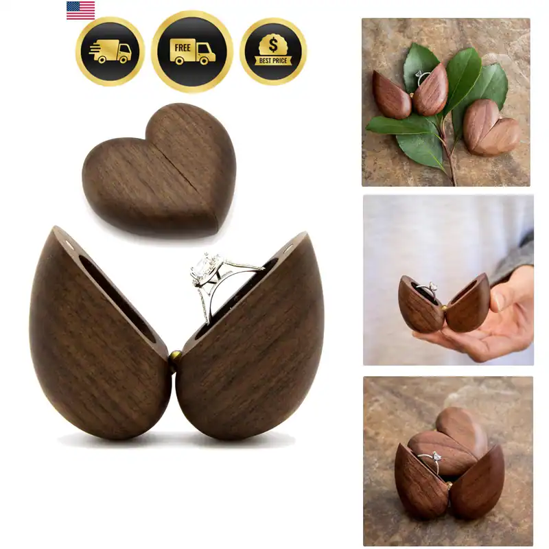 Herzförmiger schmaler geheimer Verlobungsring Box Holz Taschenformat diskret