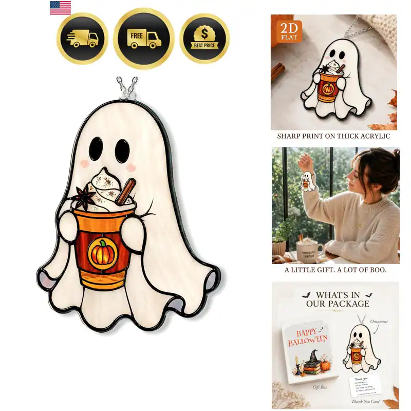 Halloween Faux Buntglas Sonnenfänger, niedlicher Hexengeist Kürbis Ornament C...