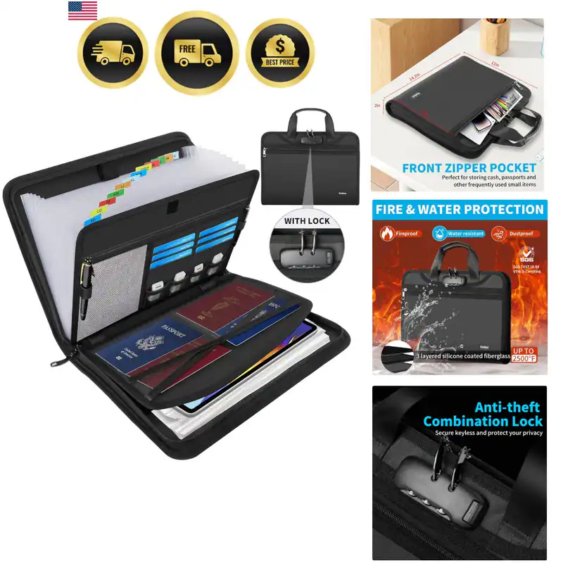 Feuerfeste Akkordeon Datei Organizer mit Schloss, Wichtige Dokument Organizer