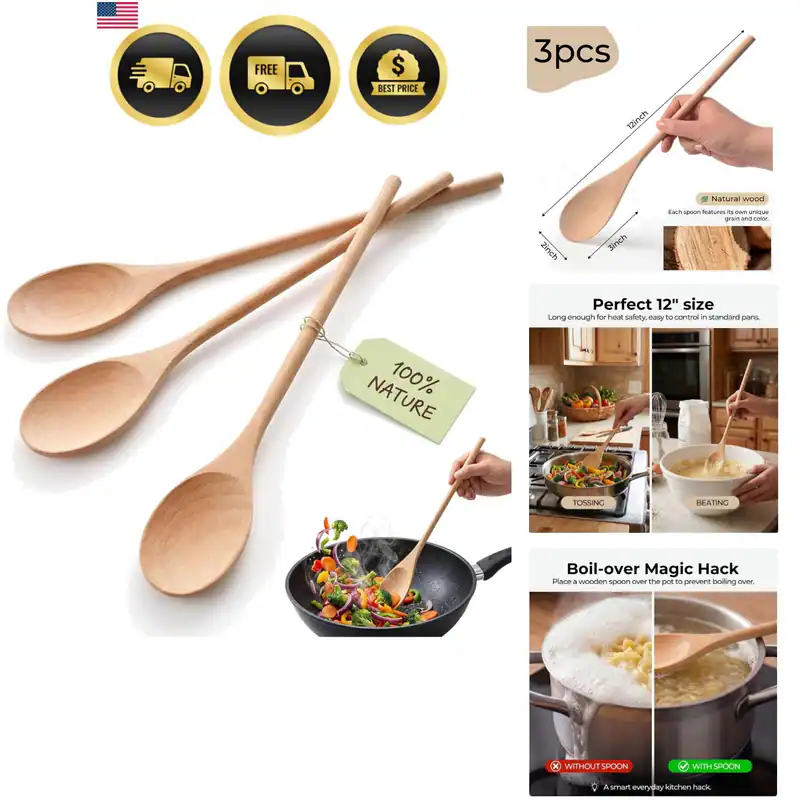 3 Stück Holzlöffel zum Kochen, 12 Zoll langer Griff Rührlöffel zum Backen,...
