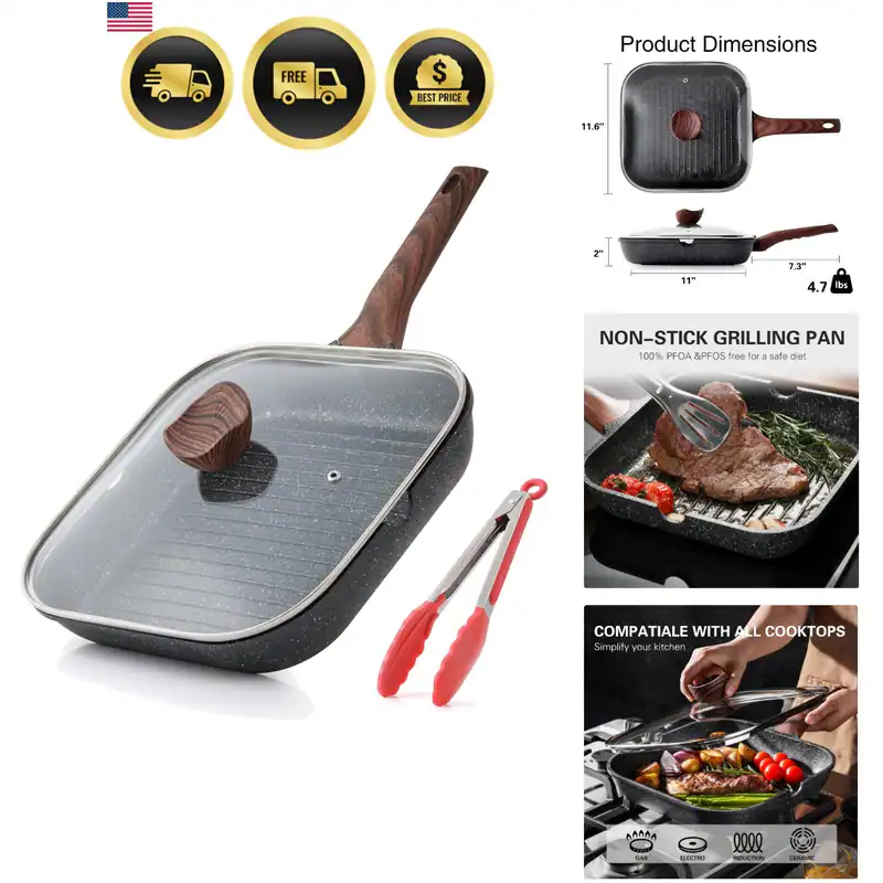Antihaft Grillpfanne mit Deckel für Herdplatten, 11 Zoll Quadrat Grillpfanne