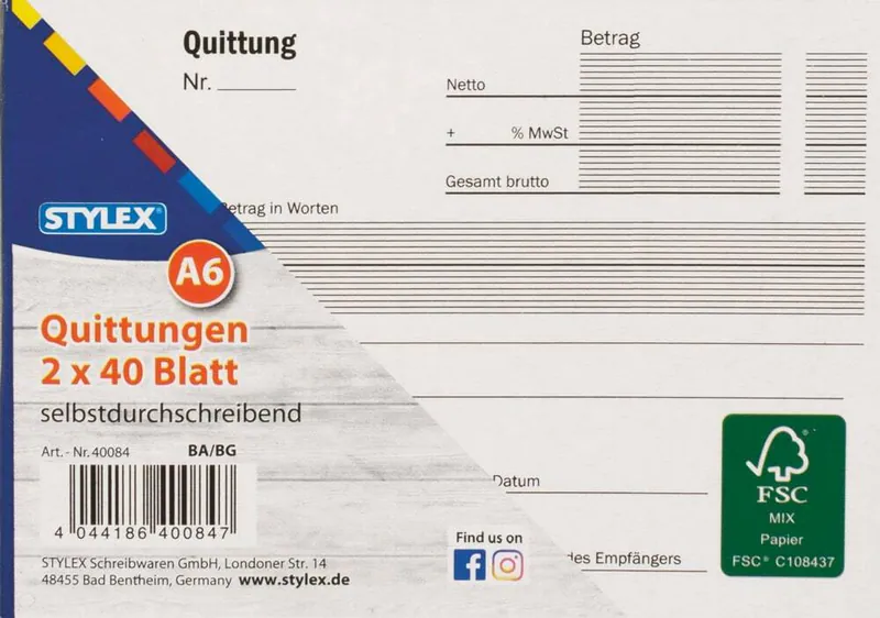Quittungsblock Quittungsbuch Quittung 2x40 Blatt SD NEU