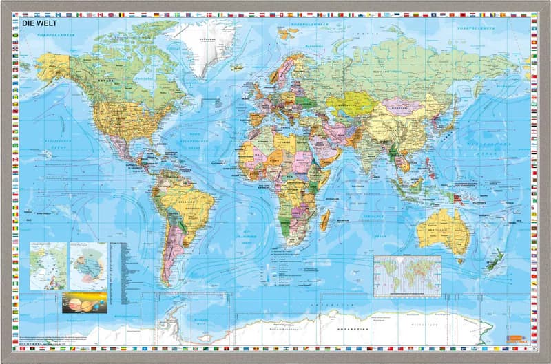 Pinnwand Weltkarte DEUTSCH Wandtafel Memoboard Pinwand Korkwand 89 x 59 cm