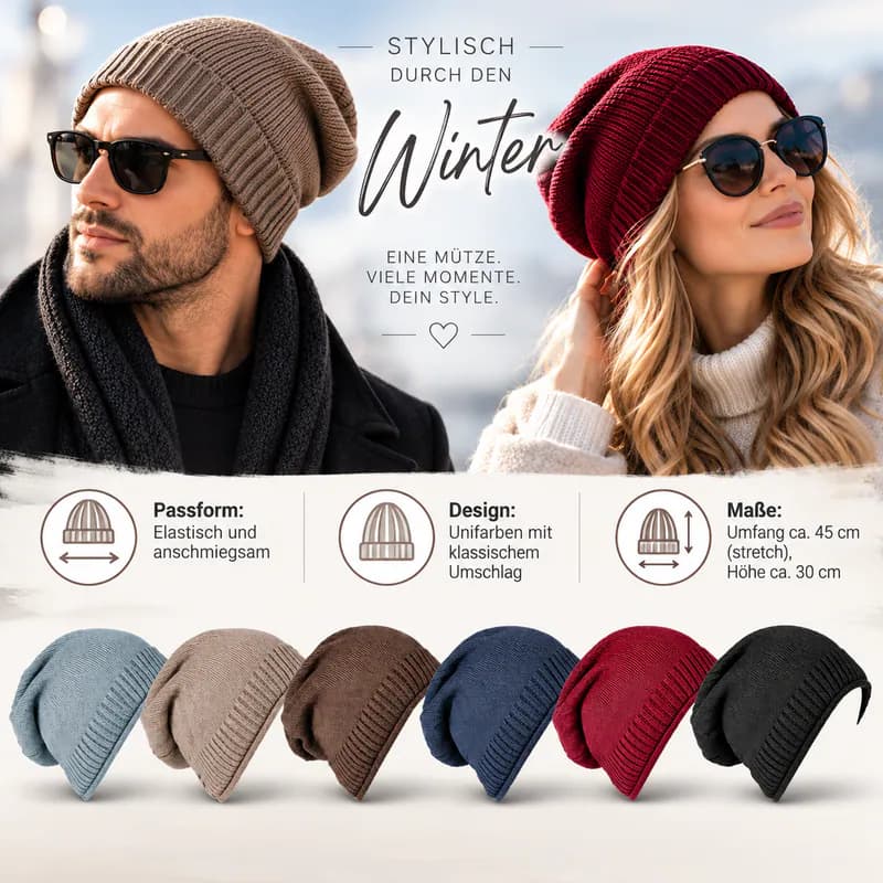 Beanie Mütze Gefüttert Slouch Strickmütze Wintermütze Warm Damen Herren Unisex