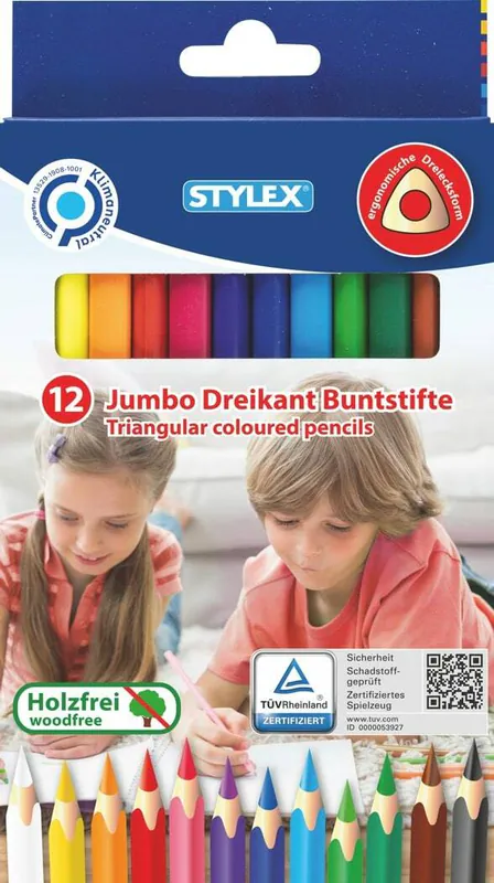 12 JUMBO Dreikant Buntstifte Malstifte holzfrei lackiert Mine: 4mm Durchmesser