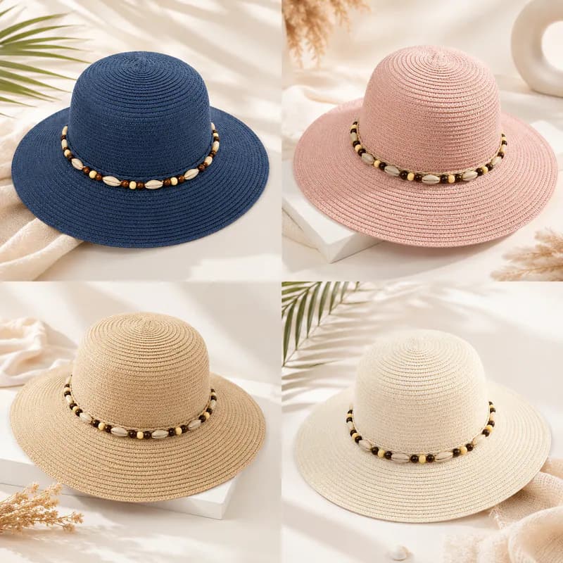 Damen Sonnenhut Strohhut Hut mit Muscheln Schleife Strandhut Sommerhut Urlaub