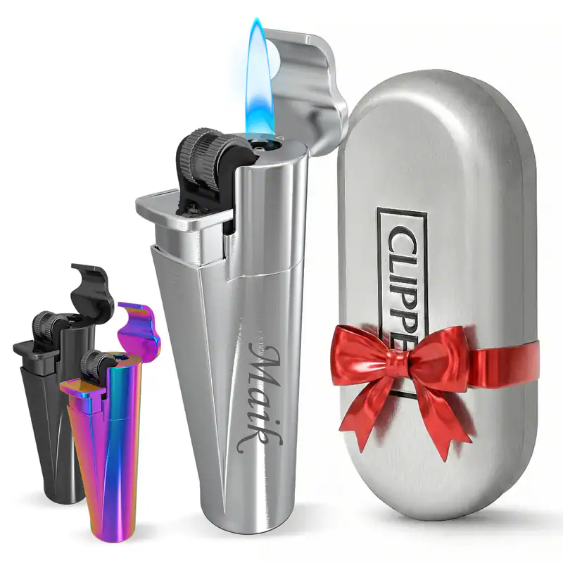 Clipper Jet Flame Metall Silber | Wunschgravur Name Text-Personalisiert Geschenk