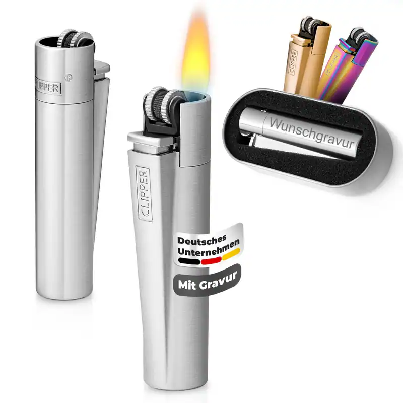 Clipper mit Gravur | Personalisiertes Feuerzeug Silber | Wunschgravur mit Namen