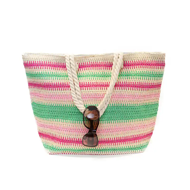 Große Strandtasche geflochten Bunt gestreift Badetasche Shopper Reißverschluss