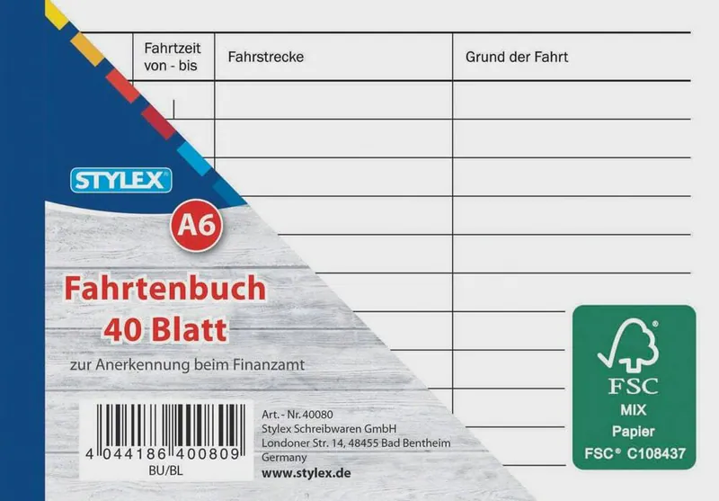 Fahrtenbuch DIN A6 quer, Fahrtenbücher 40 Blatt / 80 Seiten Fahrten-Buch