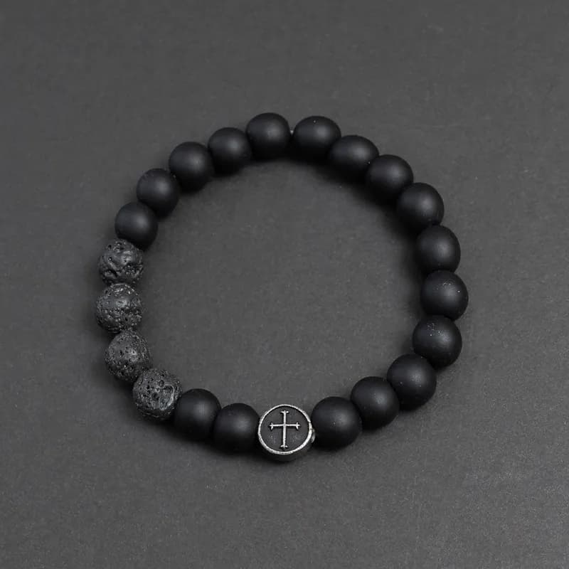 Herren Armband Perlen Lavastein Optik mit Edelstahl Kreuz Stretch Kugelarmband