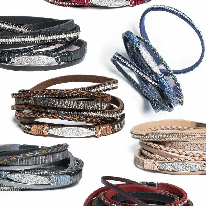 Wickelarmband Damen Armband mit Strass Flechtriemen Magnetverschluss Kunstleder