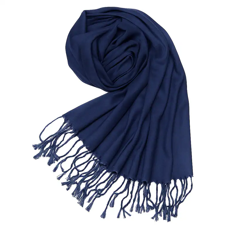 Schal Halstuch Blau dünn leicht glänzend Stola Unifarben Fransen Midnightblue