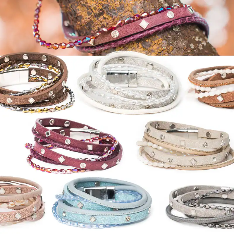 Wickelarmband Strass Glasperlen Kunstleder Armband Magnetverschluss Mehrreihig