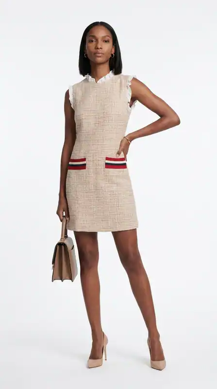 Sandro Damen kurzes Tweedkleid Beige Ärmellos Größe 36 FR R20477E