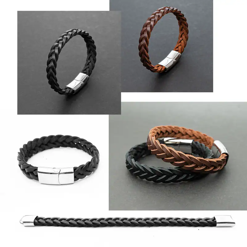 Herren Lederarmband Armband geflochten Edelstahl Schwarz Braun Magnetverschluss