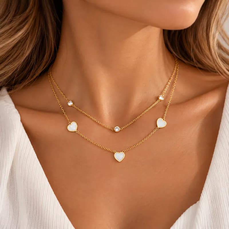Edelstahl Zweireihige Halskette Herz-Anhänger Strass Layering Kette Goldfarben