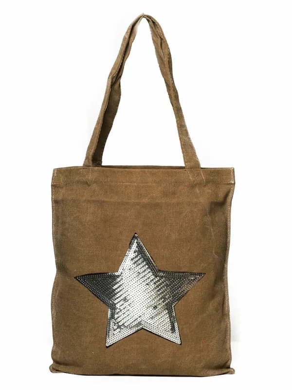 Tragetasche Braun mit Stern Pailletten Shopper Tasche Einkaufstasche Stofftasche
