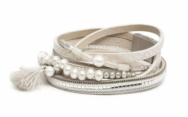 Wickelarmband Kunstleder Strass Perlen Weiß 3 Stränge Armband Magnetverschluss