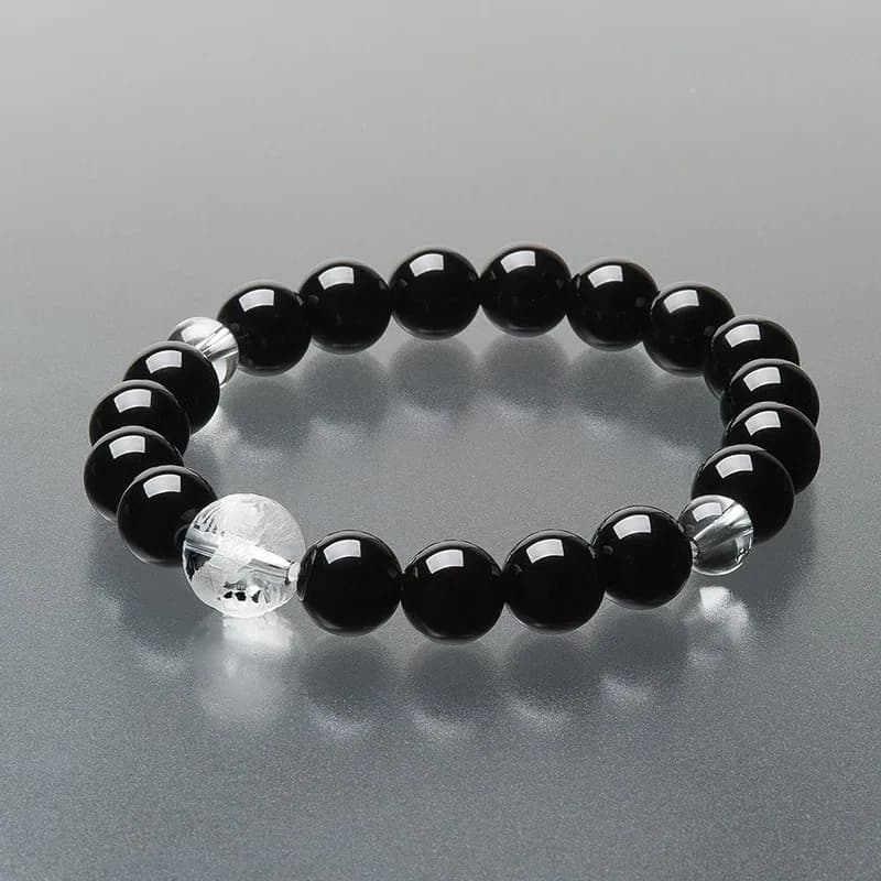 Naturstein Gebetsperlen Armband mit schwarzem Onyx und Drachen geschnitztem