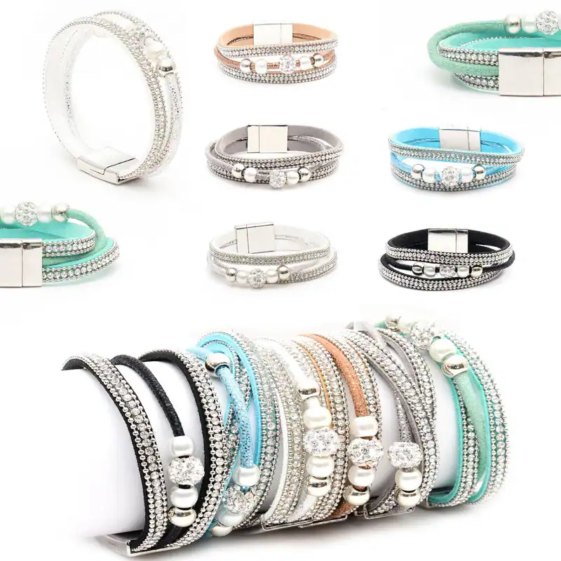 Wickelarmband 3Stränge Strass Perlen Glitzer Kunstleder Armband Magnetverschluss