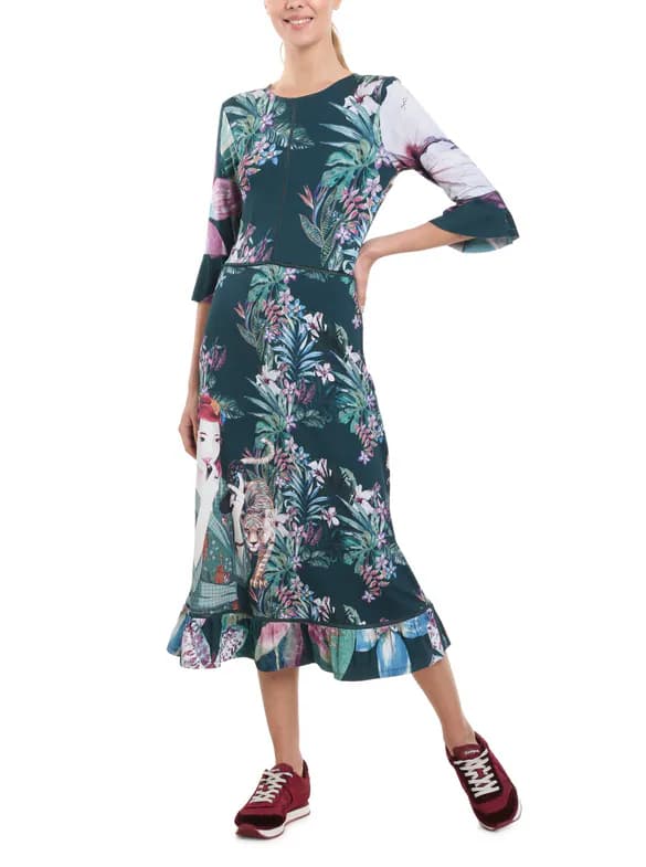 Desigual Women's Dress A-Line Floral Green Knit Midi L 18WWVK71