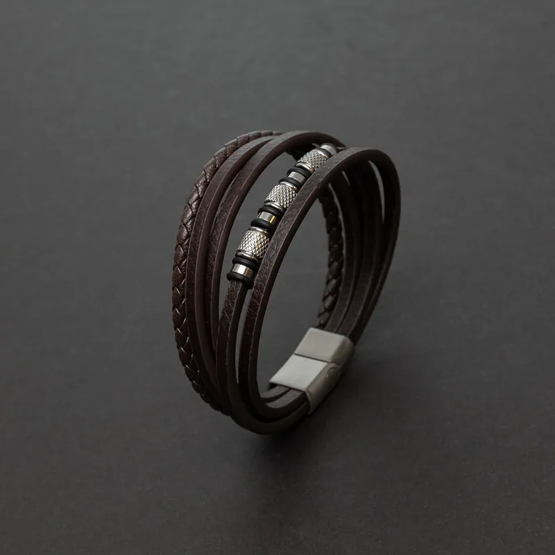 Herren Lederarmband Dunkelbraun Edelstahl Armband Magnetverschluss Mehrreihig