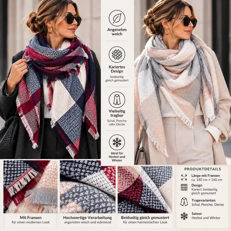 Damen XXL Schal Kariert Dreieckstuch Fransen Weich Karo Tuch Poncho Winterschal