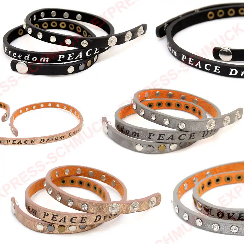 Wickelarmband Schriftzug LOVE PEACE DREAM Damen Armband Strass Nieten Kunstleder