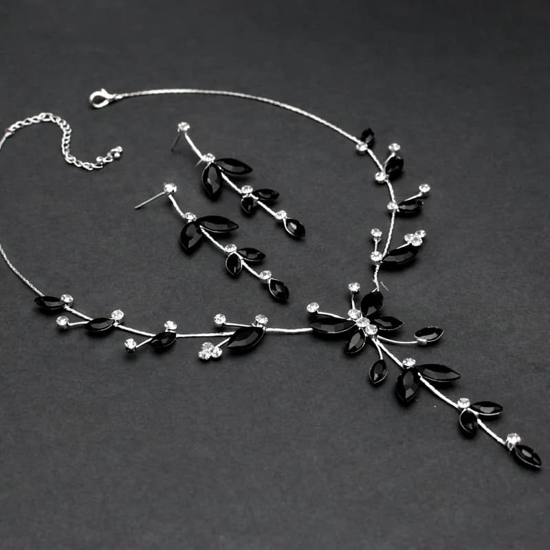 Schmuckset Schwarz Strass Hochzeit Collier Ohrringe Kette Schmetterling Blumen
