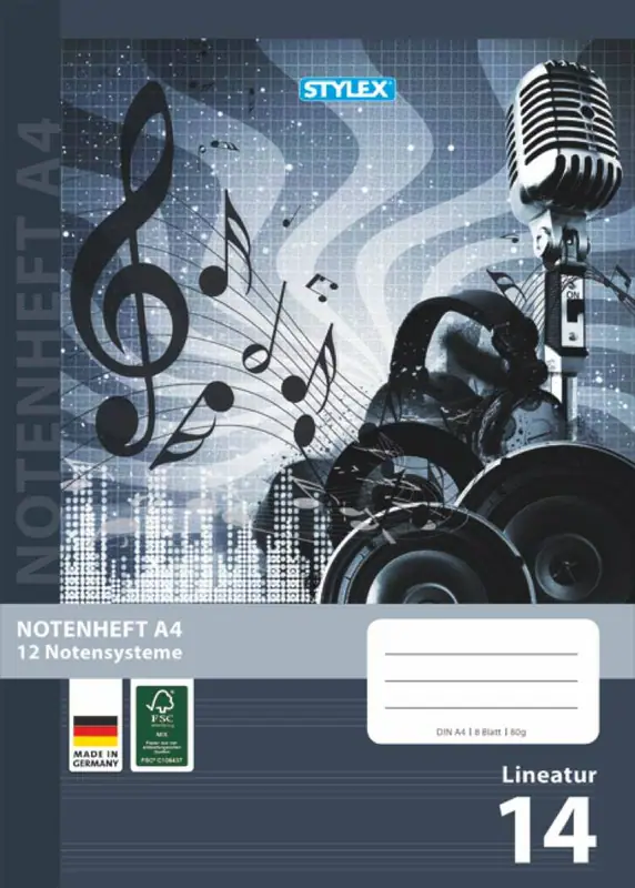 Notenheft DIN A4 hochkant 8 Blatt Lineatur 14 Musik 12 Notensysteme