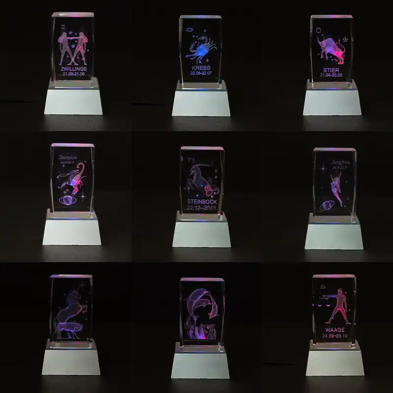 3D Kristallglas Glasblock Lasergravur Sternzeichen Horoskop Motive Deko Geschenk