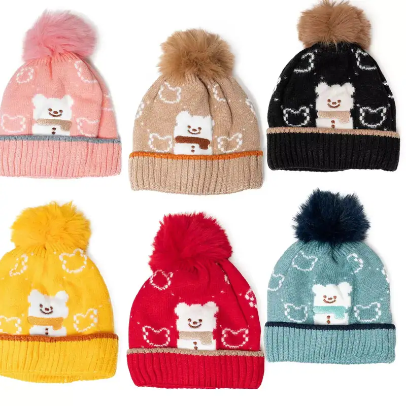 Baby Wintermütze Bär Motiv Gefüttert Bommelmütze Strickmütze Kleinkind Mütze