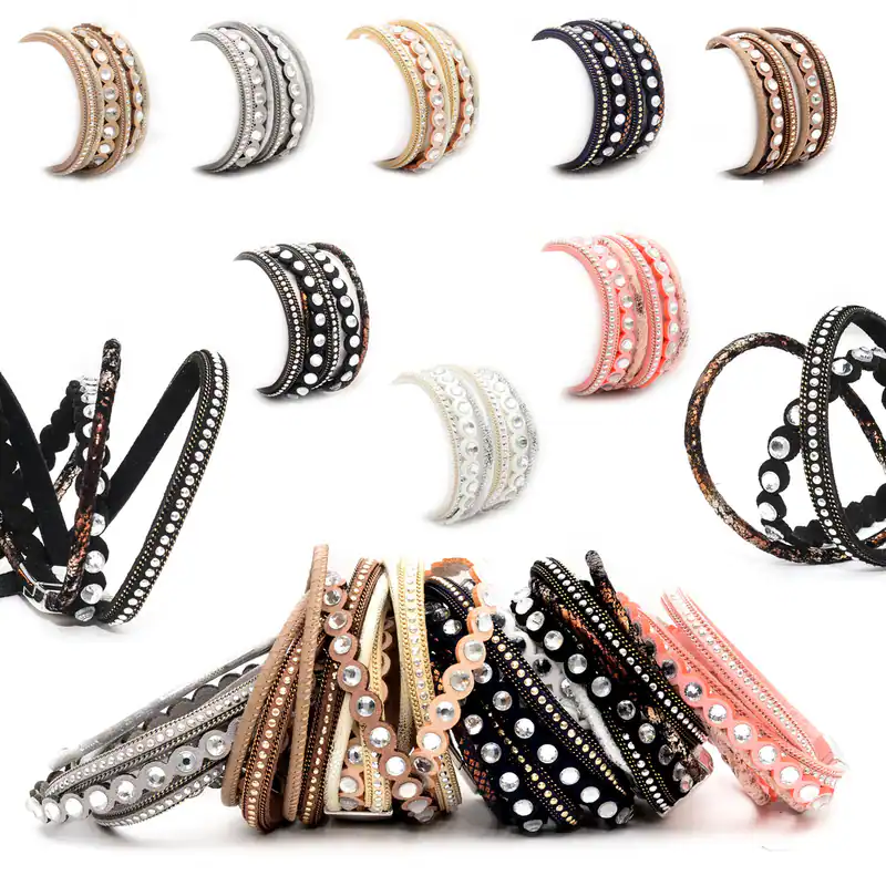 Wickelarmband 3Stränge Nieten Strass Glitzer Kunstleder Armband Magnetverschluss